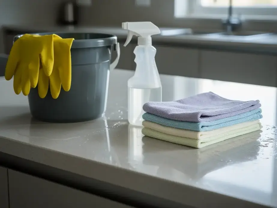 Wiped kitchen counter with a sprayer, a bucket, yellow gloves and folded microfiber cloths