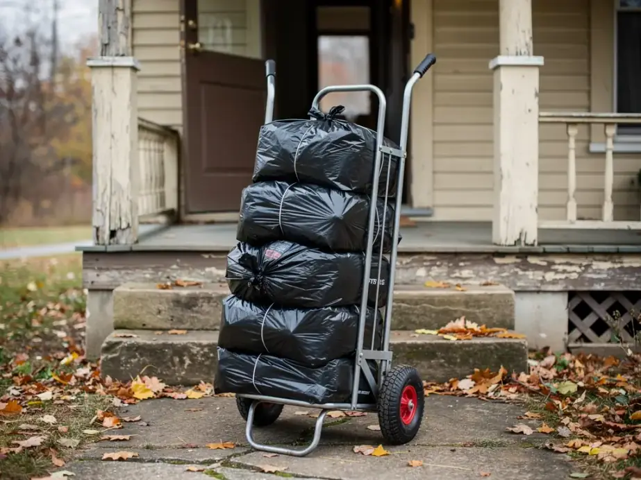 Hand truck stacked with tied contractor bags at the porch steps of an older house