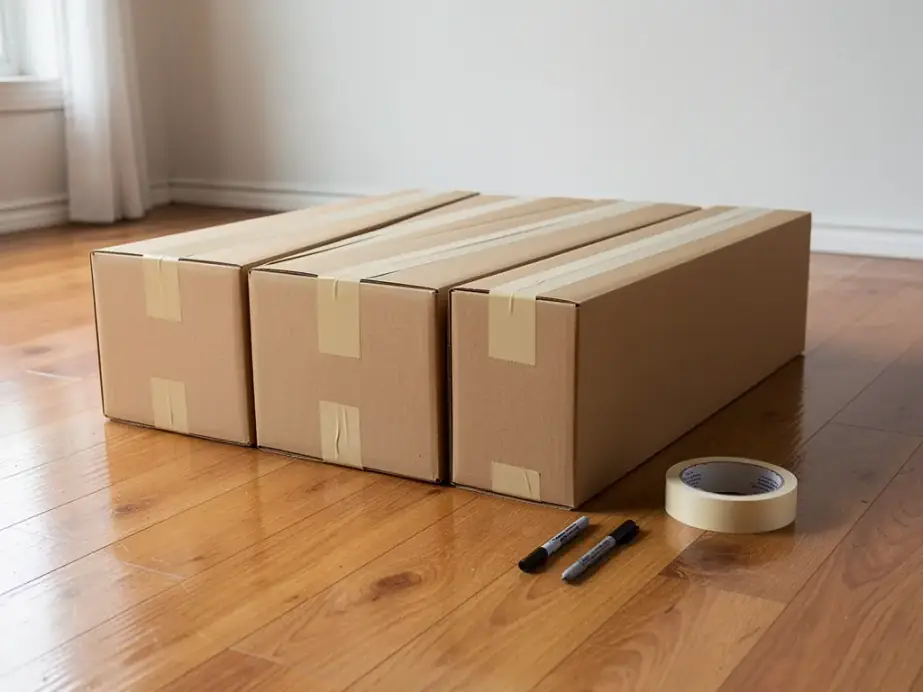 Row of cardboard boxes with masking-tape strips on a cleared hardwood floor