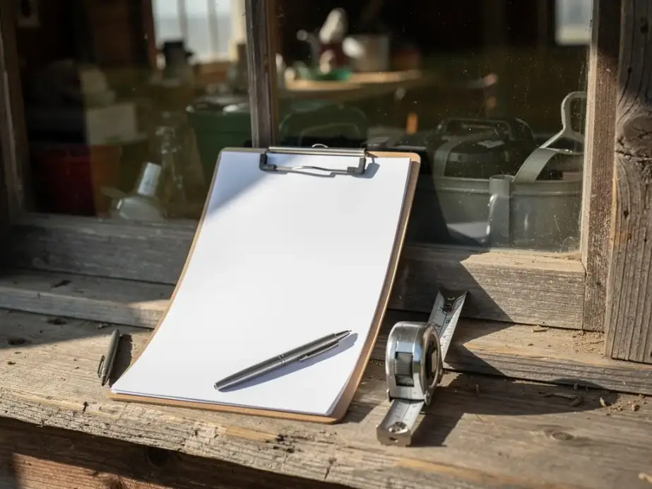 Clipboard with a blank estimate sheet, a pen and a tape measure on a farmhouse windowsill