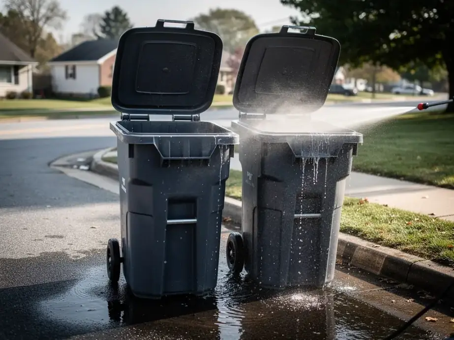 Two wheeled trash bins at the curb being rinsed out with a pressure-washer spray