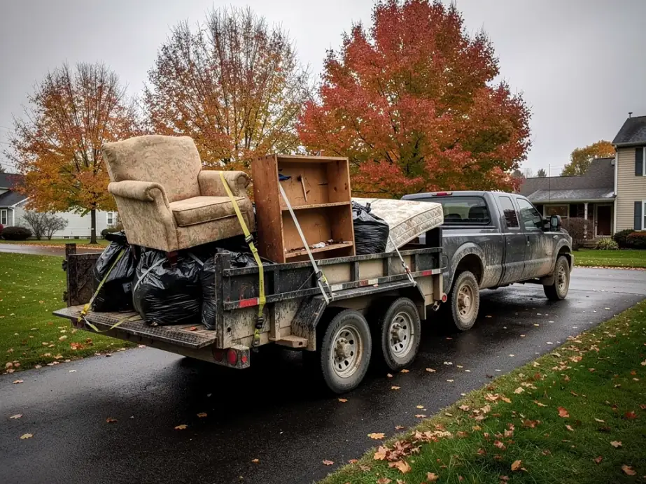 Pickup towing a dump trailer loaded with an armchair, a mattress and bagged debris